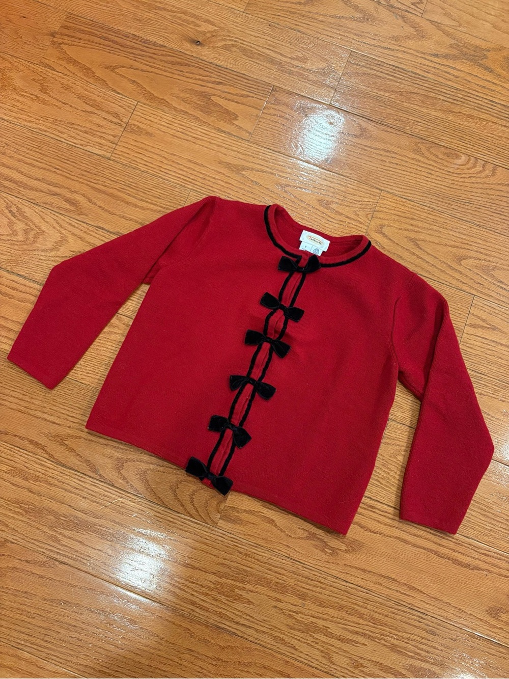 Talbots 100% Pure New Wool Red Cardigan Sweater Black Velvet Bow Trim
Small